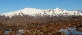 (32) Liathach in full profile from the south, plus a bit of Beinn Eighe's front (far right), viewed from the Annat to Bealach na Lice path, December. This area abounds in huge, flat, horizontal sandstone slabs, littered with glacially deposited boulders: here they appear to be lined up, but  this is partly a matter of perspective.
